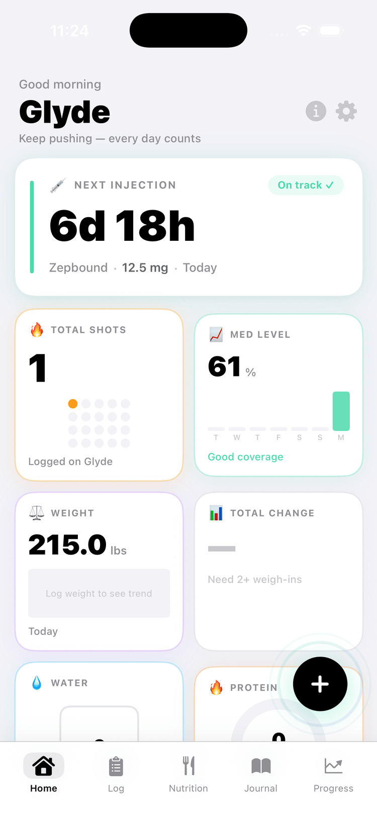 Glyde Home screen showing current weight, days until next injection, and medication level