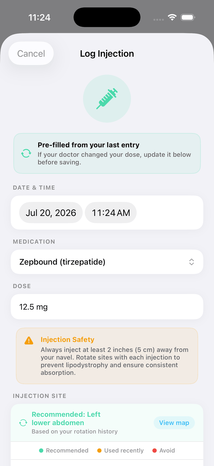Glyde Log Injection screen, pre-filled with medication, dose, and recommended injection site