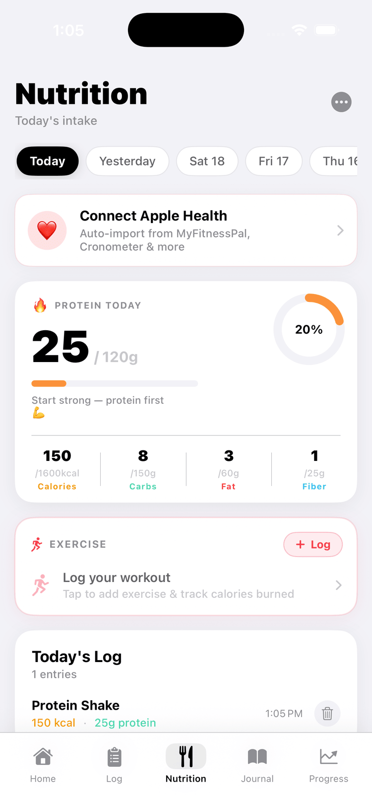 Glyde Nutrition screen showing daily calories, protein, carbs, and fat